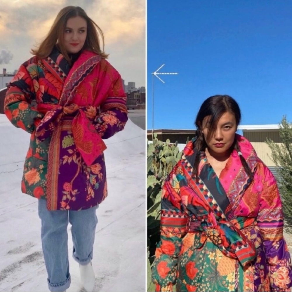Farm Rio Mixed Scarves Kimono Puffer Jacket in Multi - Picture 6 of 10